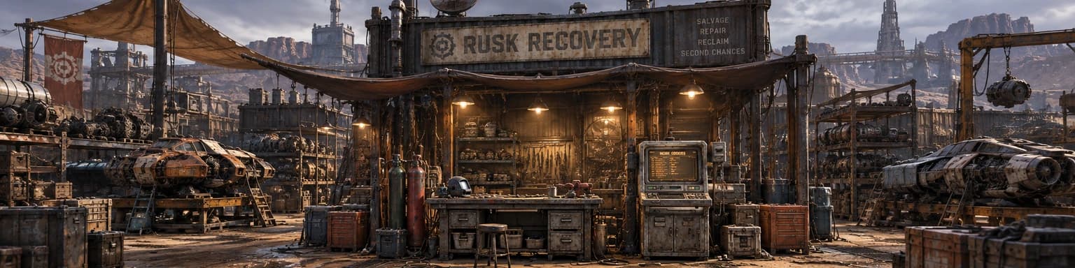 Wade Rusk's recovery yard, with the Workbench and a terminal reading WORK ORDERS beneath the yard's sign, racked salvage under an overcast sky